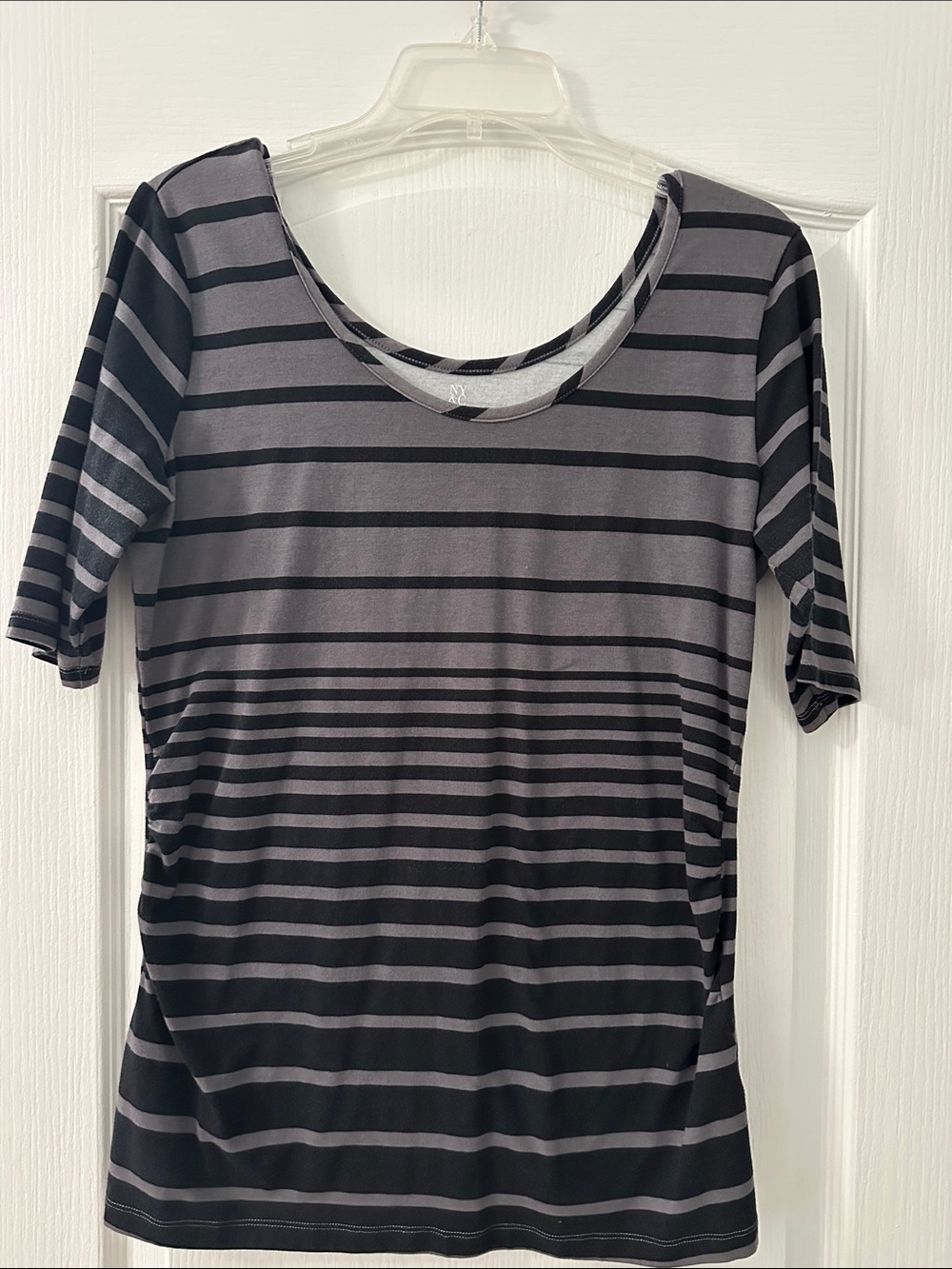 New York & Company Gray and Black Striped Scoop Neck Tee